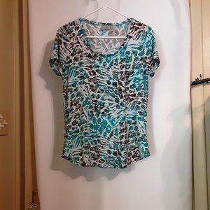 Chico’s Easywear Short Sleeve Turquoise/Brown/White Top, Size 0 (Small)
